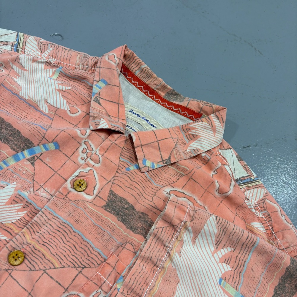 Tommy Bahama Mens XL Original Fit Silk Shirt Tropical Map Sailboat Peach Pink